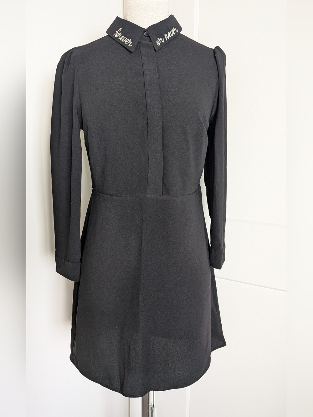 TopShop Black Collar Button up Embroidery "Forever or Never" Dress 4
